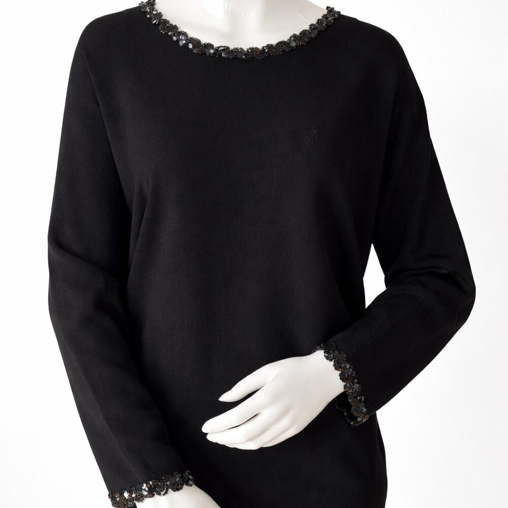 Yves Saint Laurent Black Batwing Top | Sequin Trim Draped Blouse Made in France - Picture 2 of 11